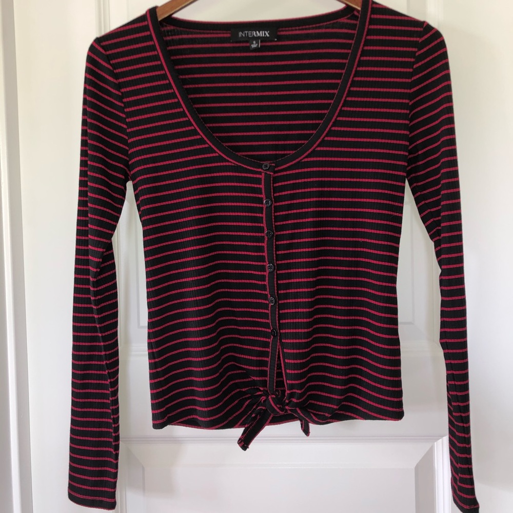 Intermix Black and Red Buttoned Crop Top